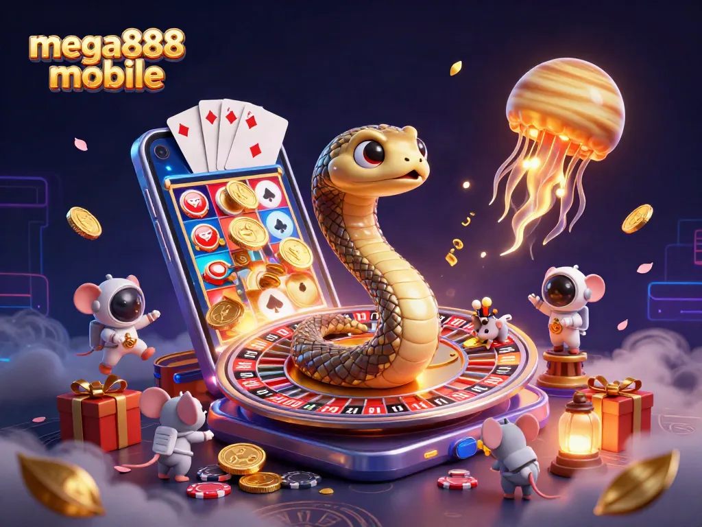 Engage with mega888 mobile through an exciting casino-themed cosmic scene featuring playful characters.