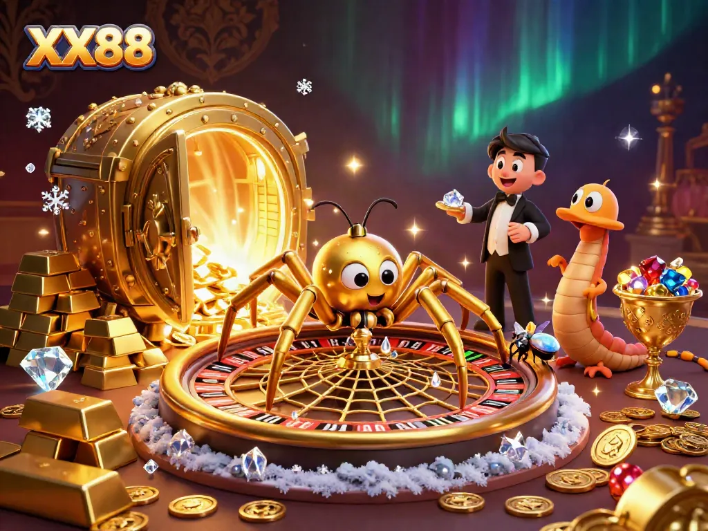 Engage with XX88 as a golden spider spins a roulette wheel web surrounded by treasures.