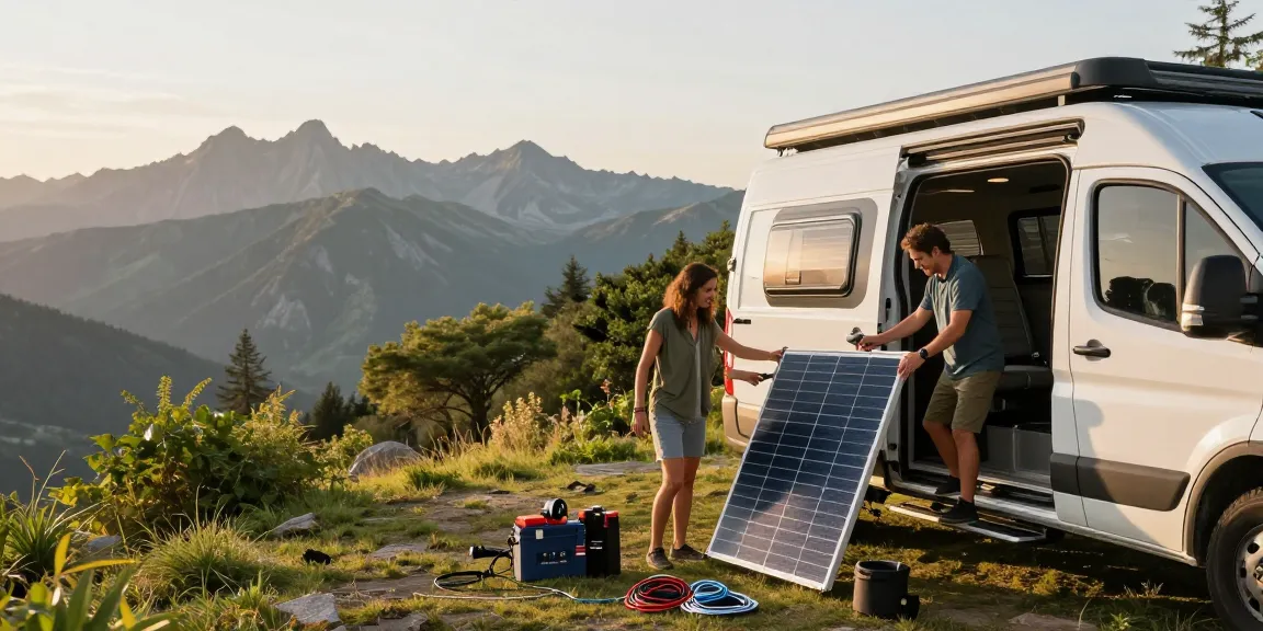 Couple setting up solar panels on a campervan at a scenic overlook, showcasing rokok88 alternatif.