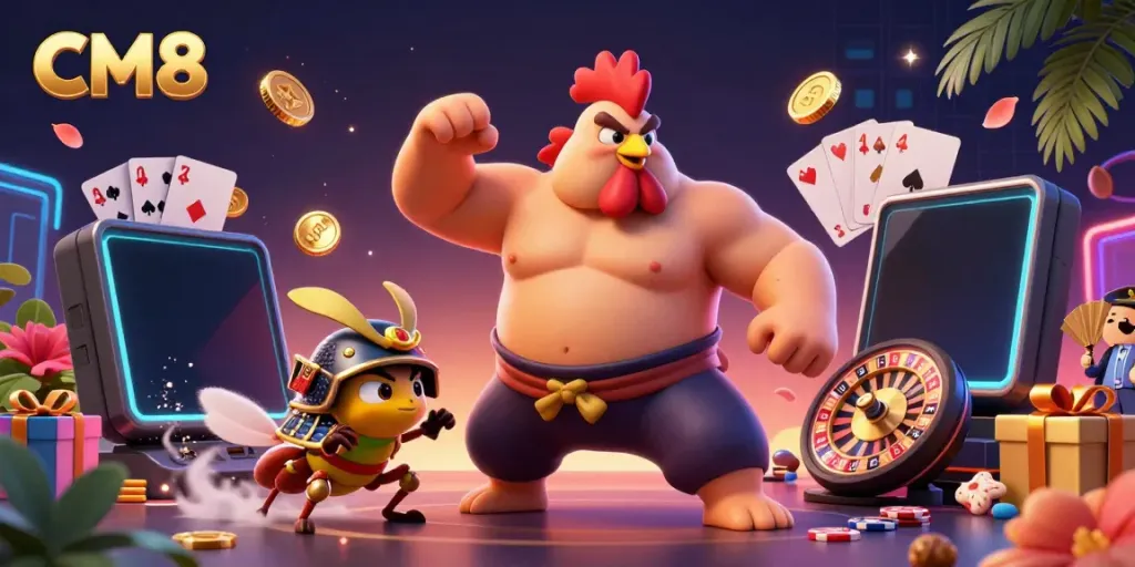 Engage with CM8's vibrant casino experience featuring dynamic characters and exciting gaming elements.