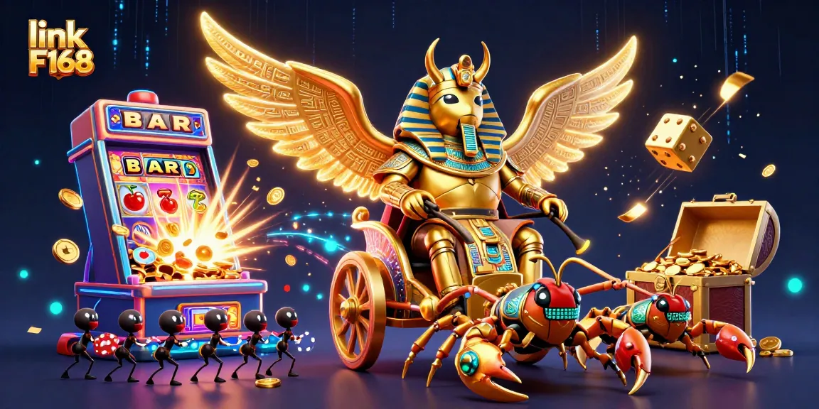 Play with link F168 at a vibrant casino scene featuring a golden scarab beetle and jackpot explosion.