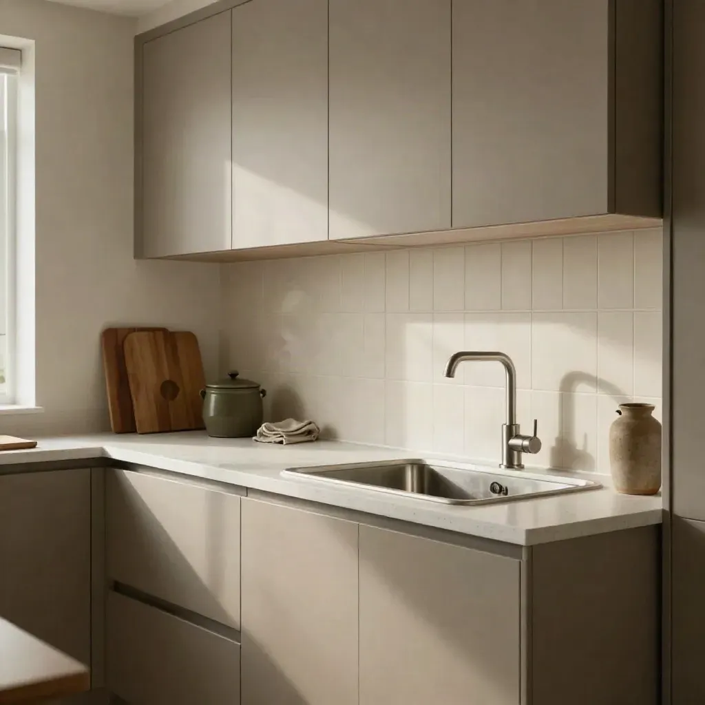 Dapur ubah suai moden dengan kabinet matte, permukaan kuarza, jubin dan sinki keluli.
