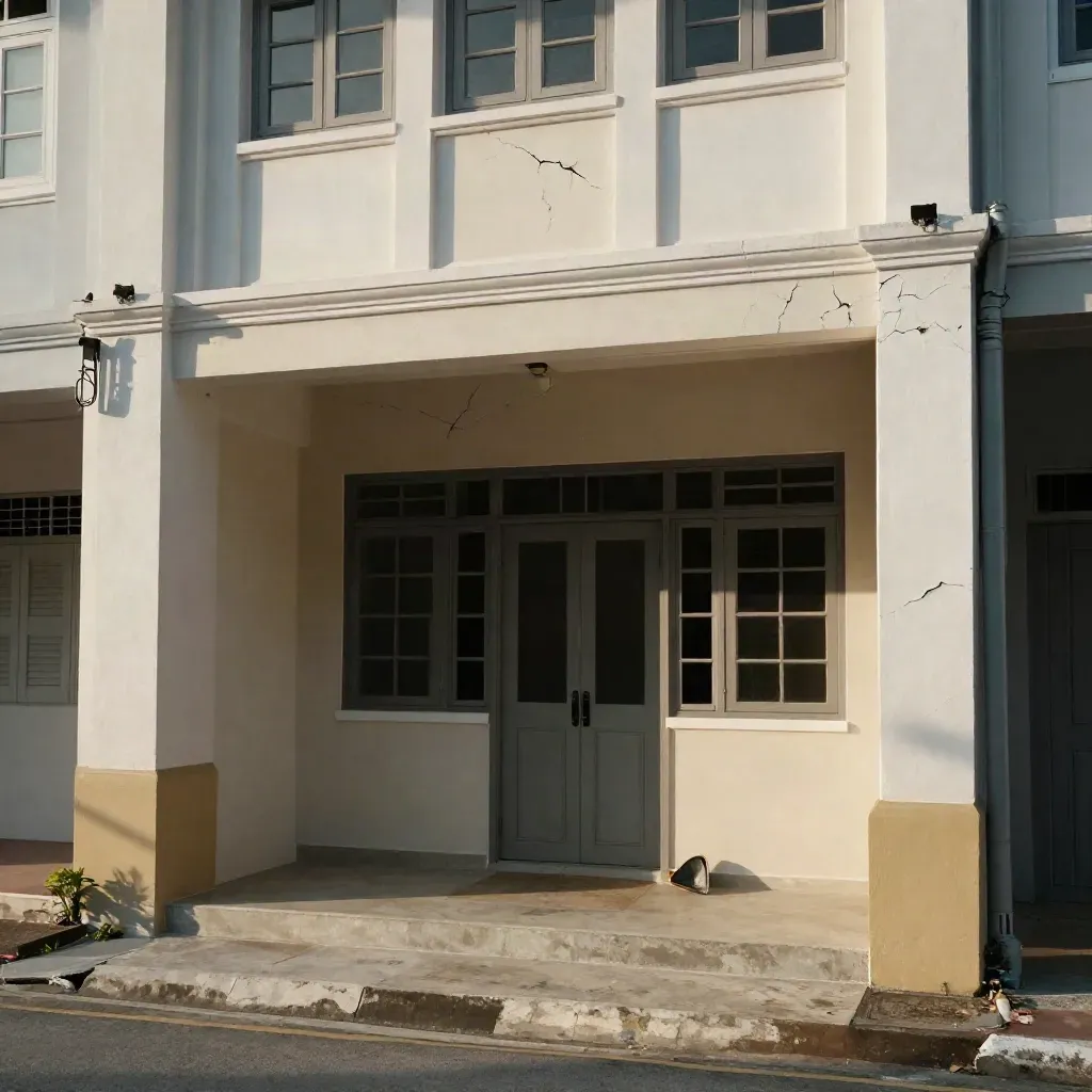 Fasad bangunan dibaiki dengan retak ditampal, cat baharu dan tangga masuk kemas.