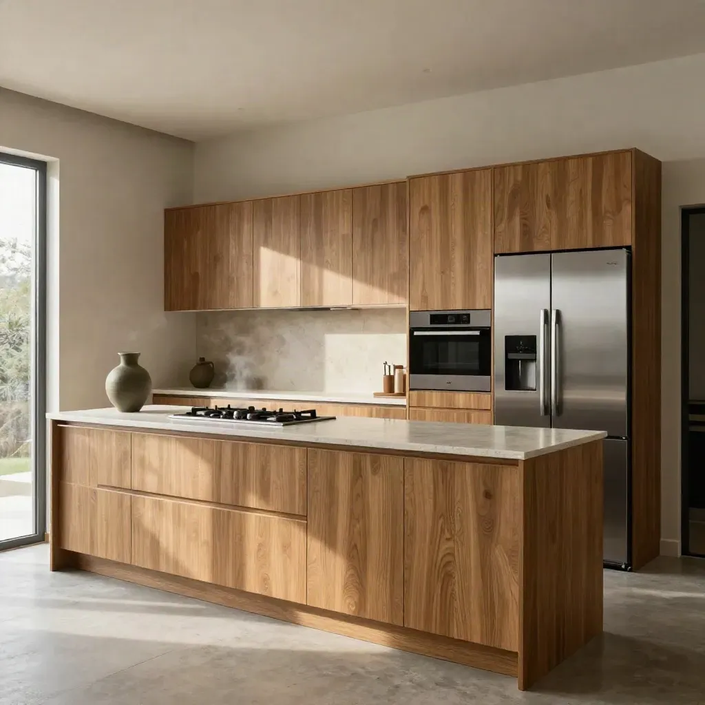 Dapur kering siap dengan kabinet tanpa pemegang dan kaunter kuarza, cahaya petang masuk lembut.