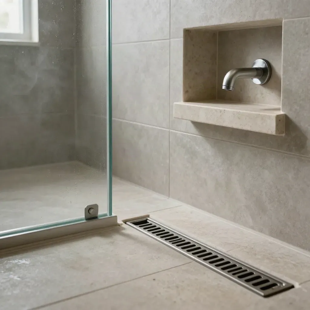 Bilik air kecil siap dengan drain linear, panel kaca jernih dan jubin batu yang rapi.