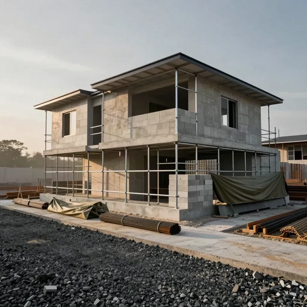Rumah dua tingkat dengan perancah kemas dan bahan binaan tersusun di tapak selepas hujan.