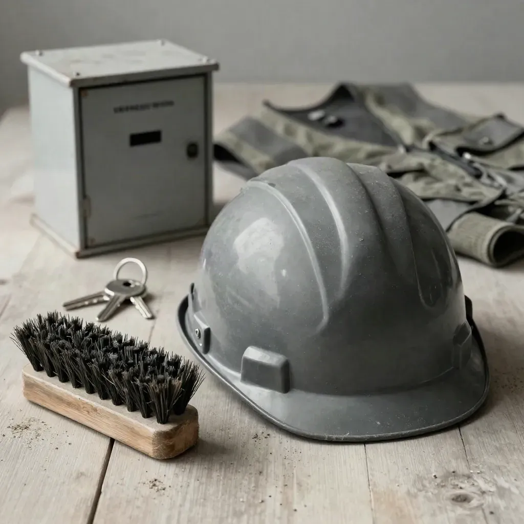 Topi keselamatan, berus but berlumpur, kunci, vest hi-vis dan kotak tapak berhabuk atas kayu cerah.