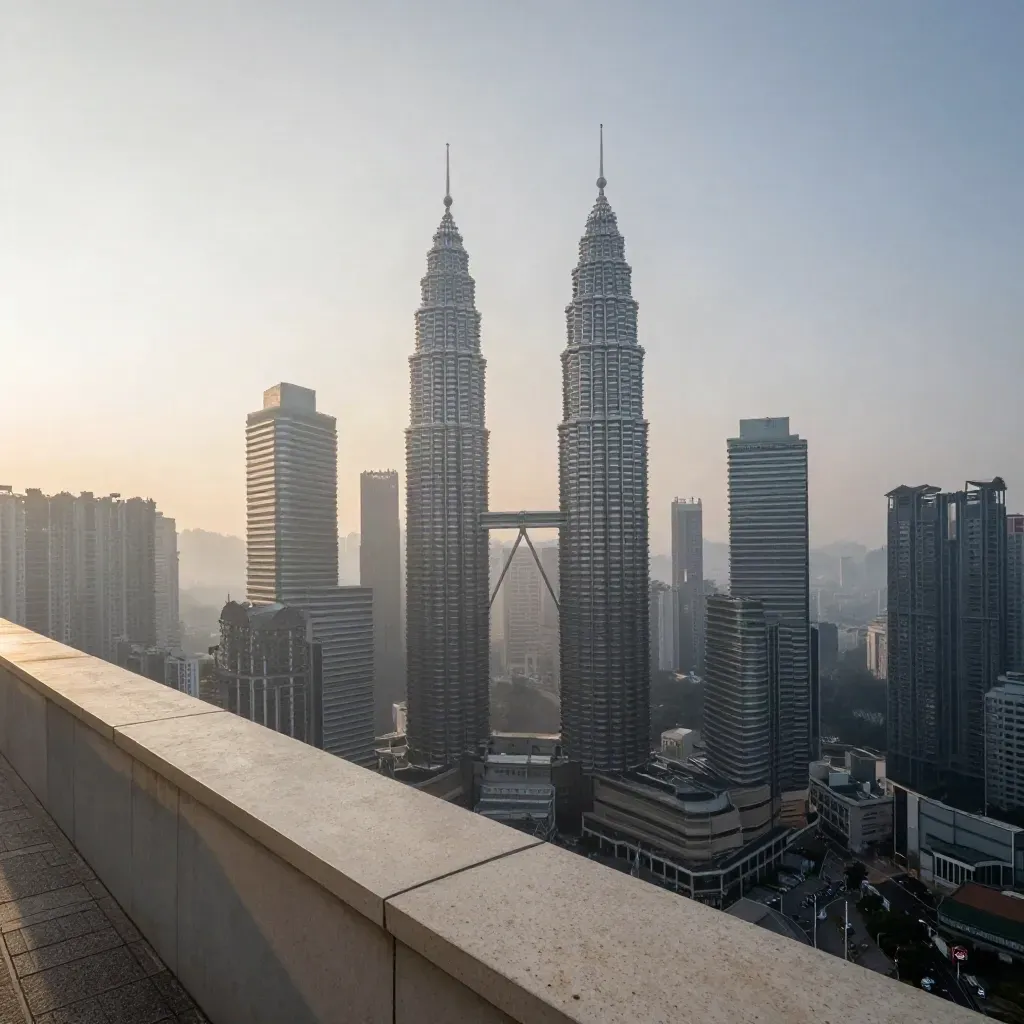 Menara Petronas muncul di atas kabus pagi Kuala Lumpur dari bumbung batu travertin.