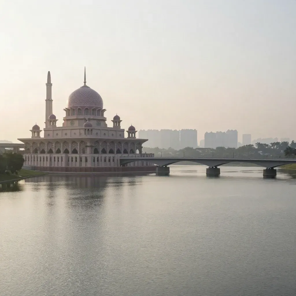 Siluet jambatan dan masjid Putrajaya di atas tasik tenang pagi berkabus.