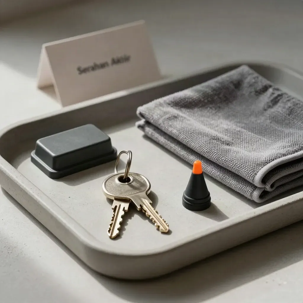 Susunan tray akhir: kunci, door stop, kain microfiber, cap silikon dan pouch fabrik di atas konkrit.