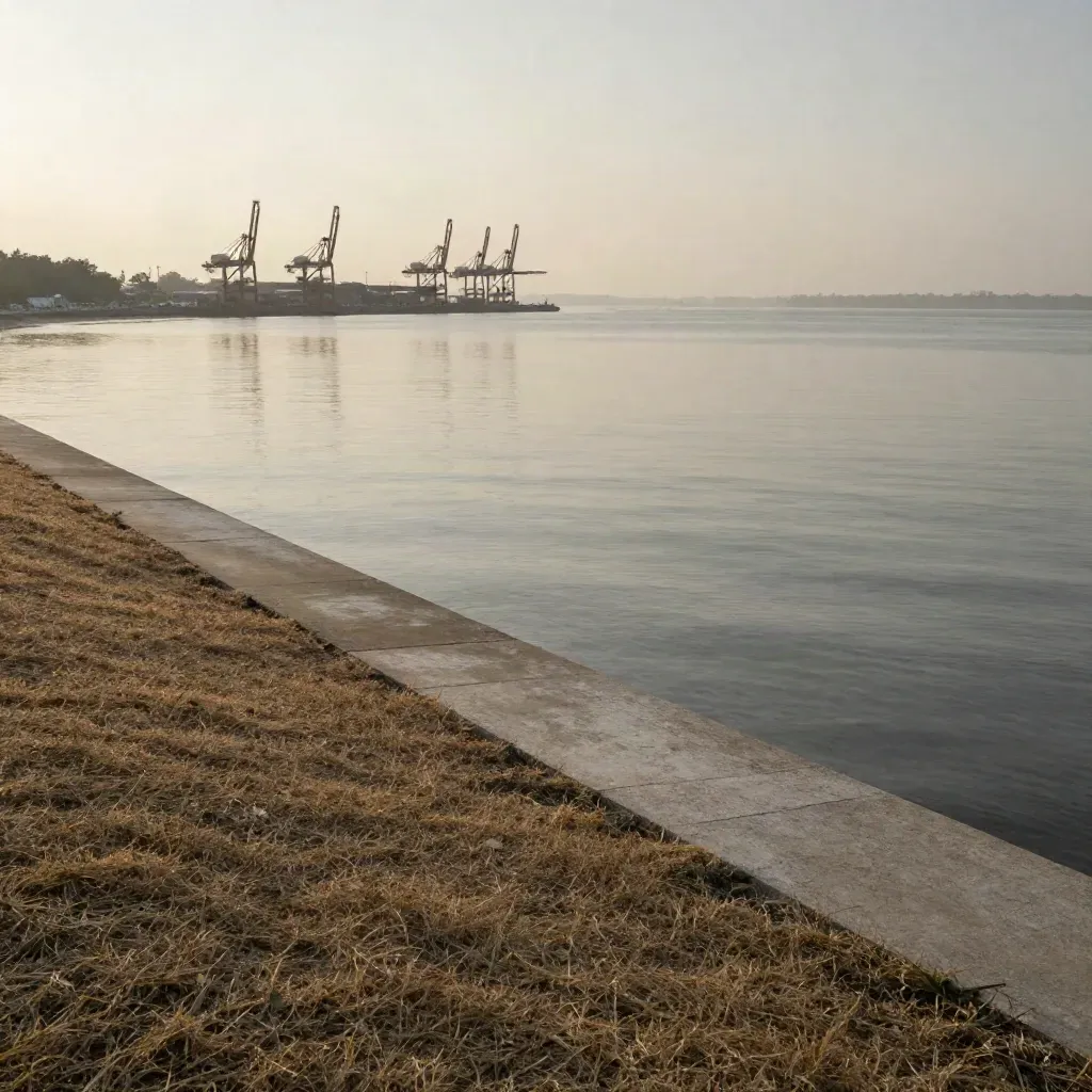 Pemandangan pagi Johor Bahru dengan kren pelabuhan, kabus laut dan tebing pantai tenang.