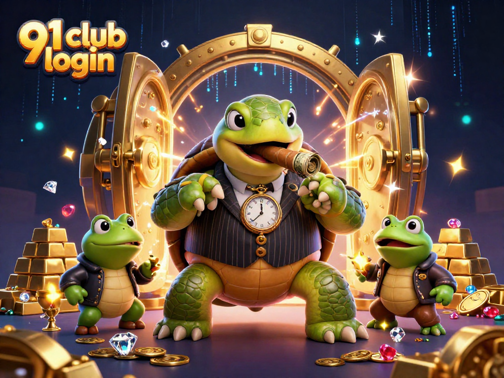 Win big with the 91 club login, featuring a lively 3D casino scene with colorful characters and treasures.