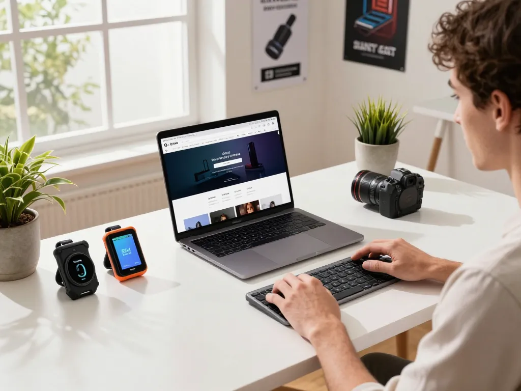 Elegant tech workspace featuring must have tech gadgets, including Rii Mini Keyboard and Fitbit Charge 6, in a bright modern setting.
