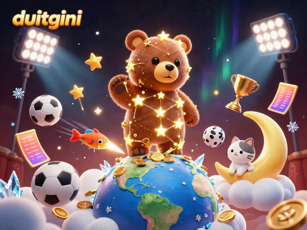 Engage with duitgini's 3D gambling scene featuring a constellation bear and dynamic sports elements.