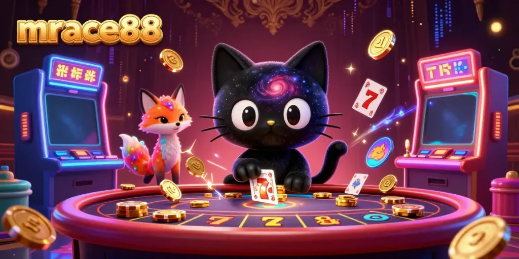 Experience the cosmic charm of mrace88 with a captivating casino scene featuring vibrant slot machines and whimsical characters.