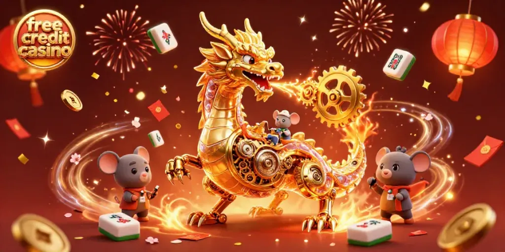 Engage in a free credit casino experience with a vibrant golden dragon scene full of gambling elements.