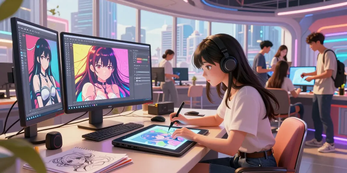 Character generating ai ecchi art in a vibrant digital studio, showcasing creativity and collaboration.