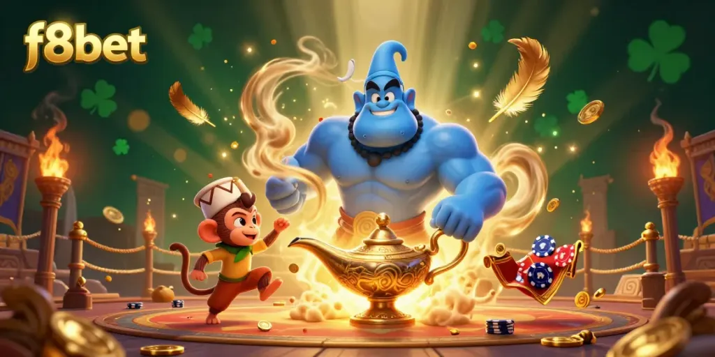 Experience the dynamic energy of f8bet with a genie in a casino-themed illustration showcasing vibrant elements and excitement.