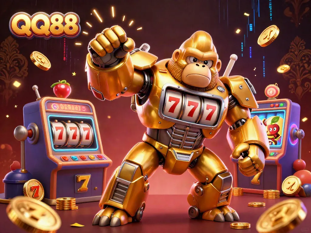Experience the thrilling casino action with QQ88's golden gorilla mech showcasing vibrant slot elements and exciting energy.