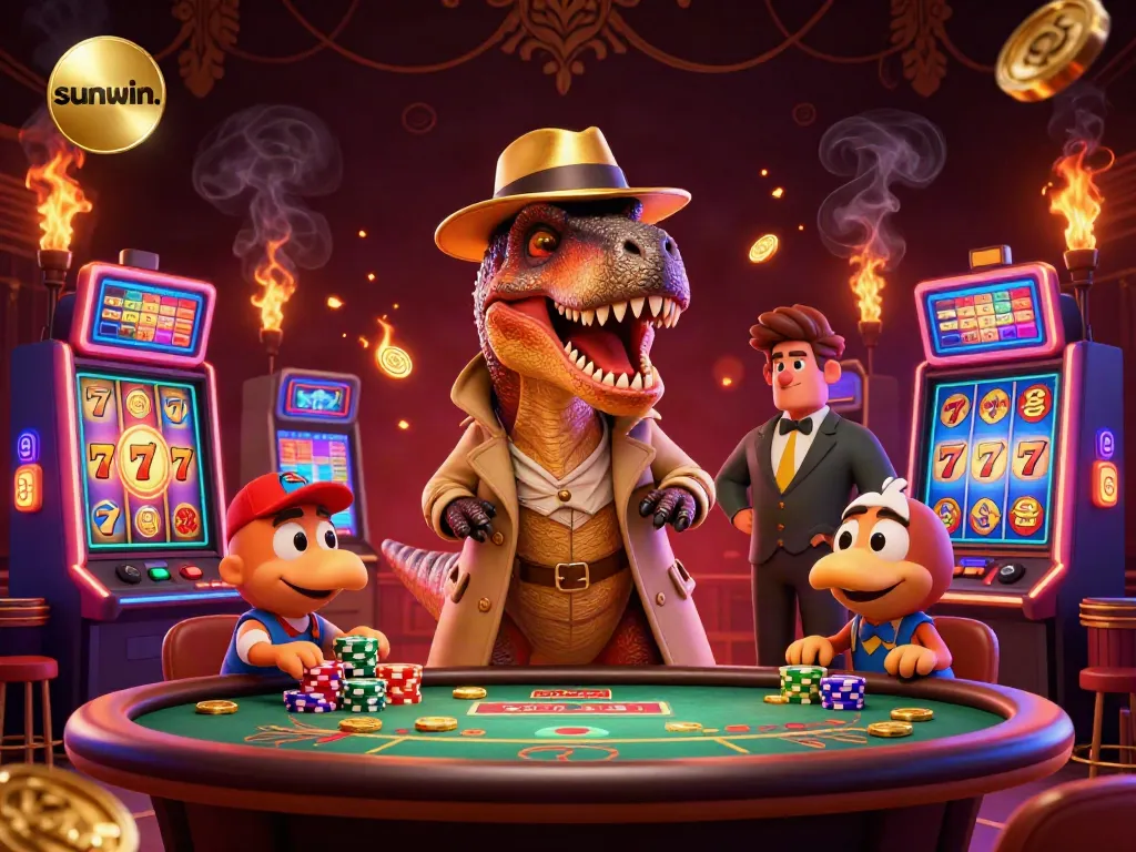 Win at sunwin. with a sly velociraptor at the blackjack table, eyeing gold coins.