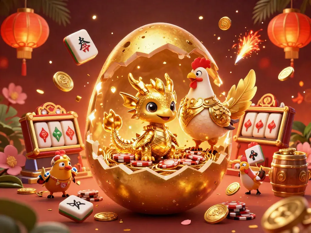 Engage with the excitement of MMOO as a golden dragon emerges from an egg surrounded by casino elements