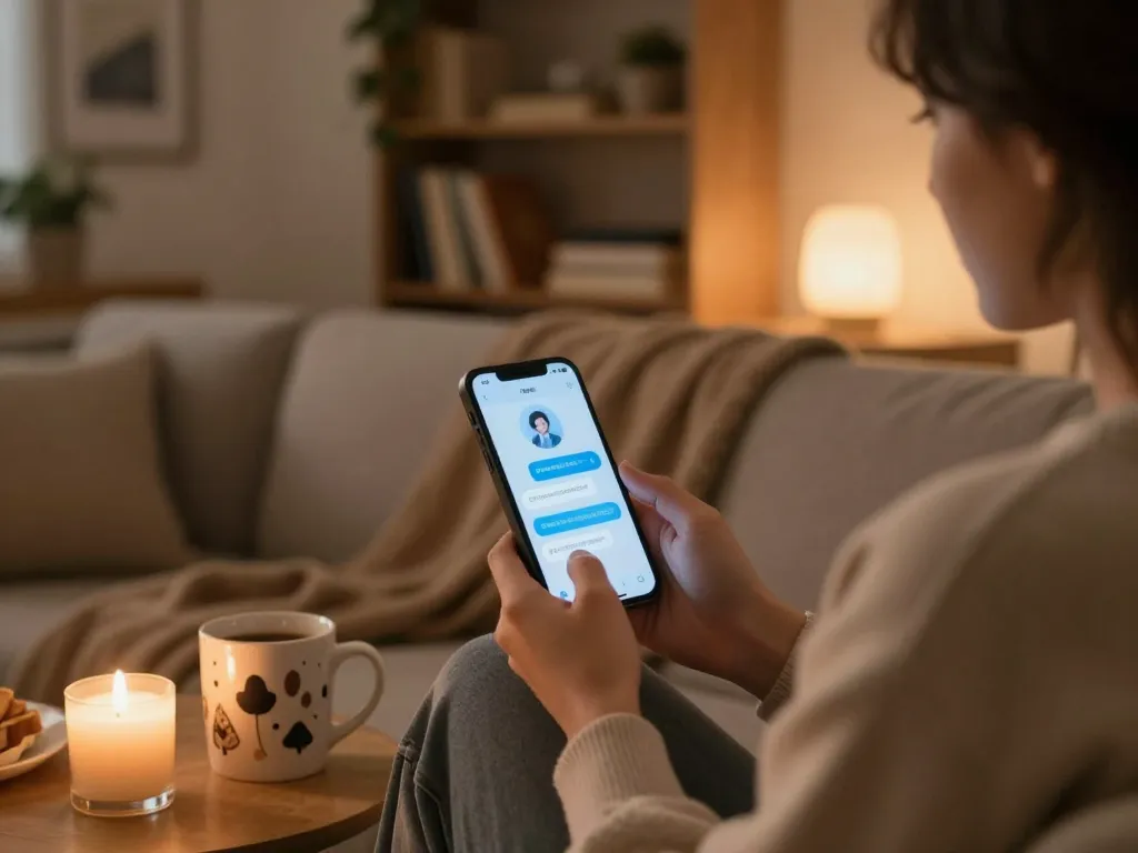 Engaging in ai sex chat through a smartphone in a cozy living room setting.
