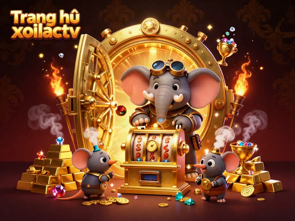 Experience the energy of Trang chủ xoilactv with a dynamic 3D steampunk elephant operating a slot machine amid shining treasures.