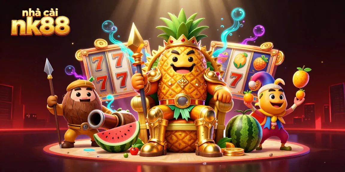 Experience the vibrant world of nhà cái nk88 with a 3D golden pineapple king and casino elements.