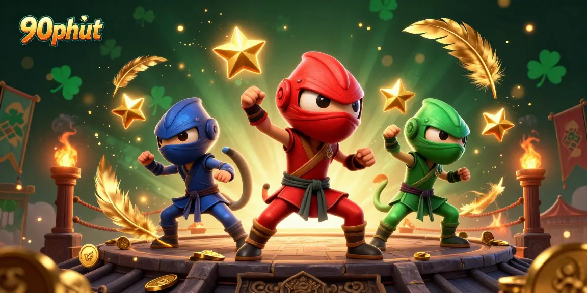 Experience thrilling gameplay with 90phut as ninja chameleons perform against a backdrop of golden casino elements.