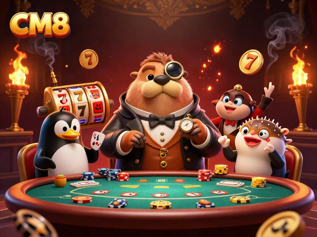 Experience the excitement of CM8 casino games with the playful walrus and friends at a dynamic poker table.