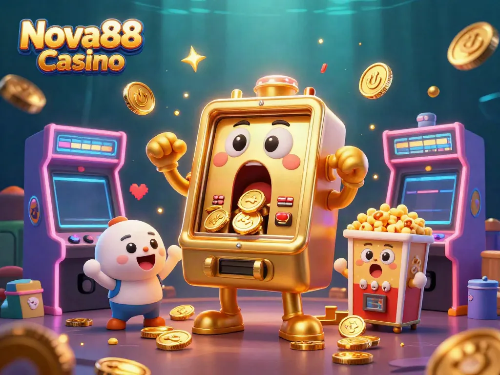 Experience the excitement of Nova88 Casino with a vibrant 3D illustration of slot machines celebrating a jackpot.