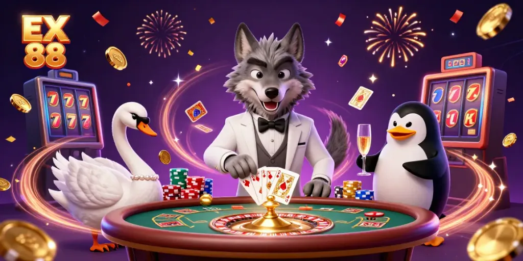 Place bets with EX 88 at a vibrant casino table featuring animated characters and a dynamic atmosphere.