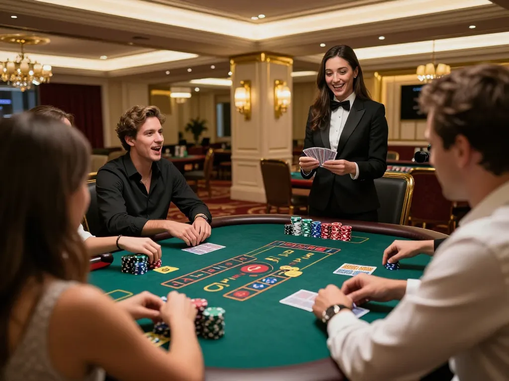 Players enjoying blackjack at an upscale casino, enhancing their m88 gaming experience.