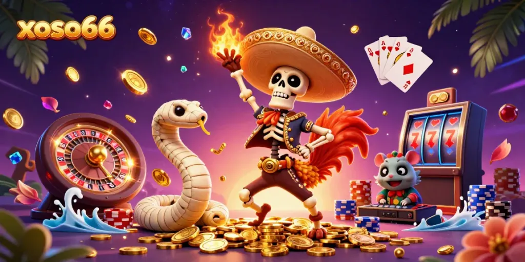 Experience the vibrant world of xoso66 with a lively 3D illustration of gaming characters in action.