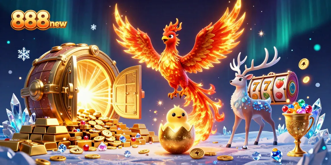 Win big at 888new featuring a phoenix, treasure vault, and vibrant slot reels.