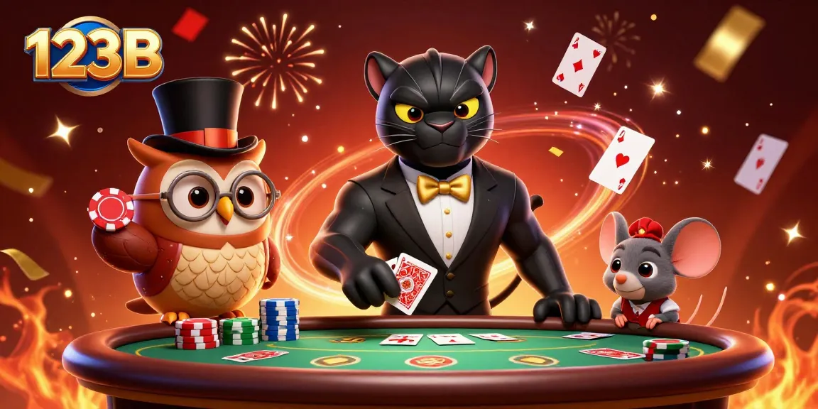 Join the stylish black panther and friends as they masterfully gamble at 123B's engaging tables.