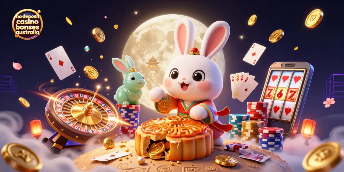 No deposit casino bonuses Australia depicted with a playful moon rabbit illustration revealing poker chips and surrounded by casino elements.