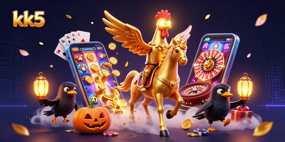 Engage in thrilling gameplay at kk5 with a golden rooster leading the way in a vibrant casino scene.