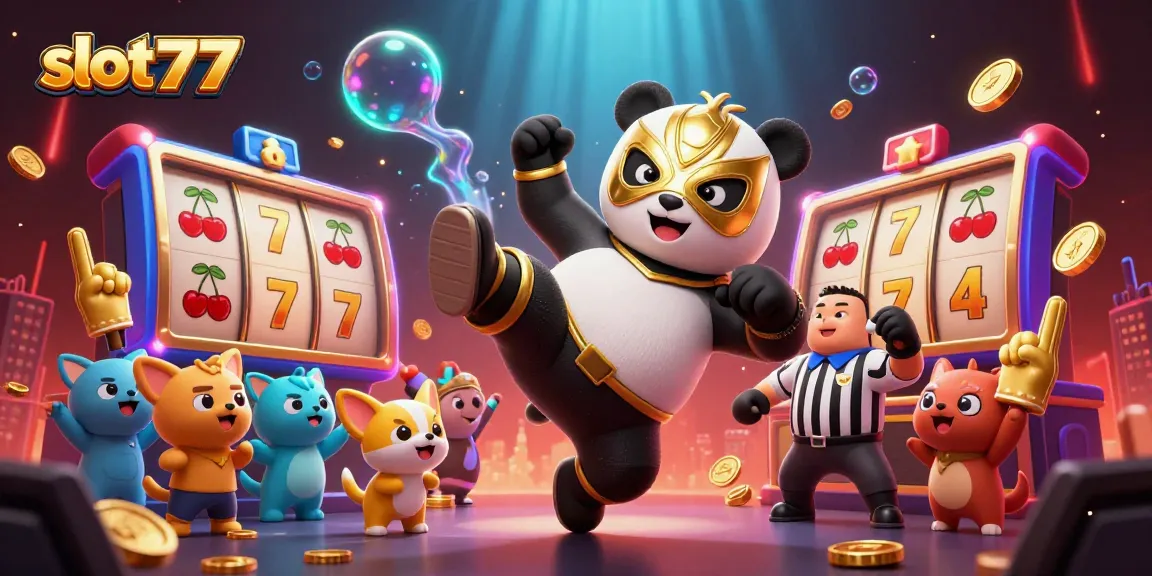 Unlock big wins at slot777 with a dynamic scene of the panda wrestler and animated casino elements.