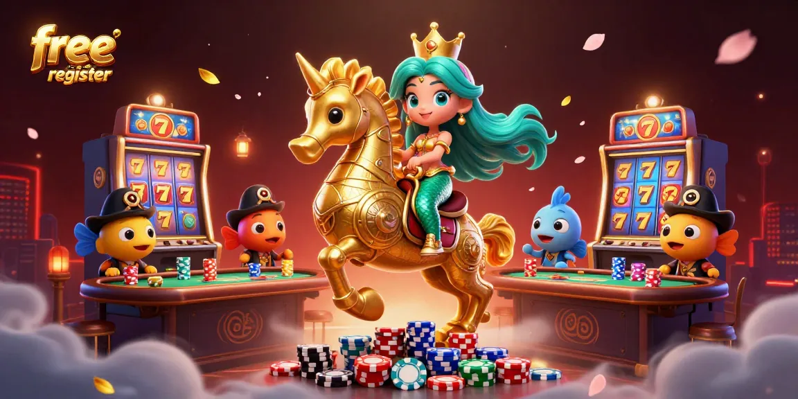 Engage with the world of free credit register at online casinos as a mermaid and seahorse explore vibrant gaming elements.