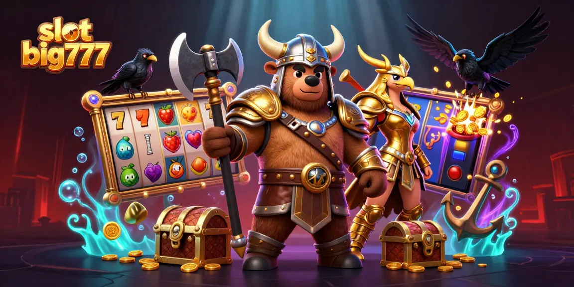 Experience the thrill of slot big777 with a vibrant 3D illustration of gaming action and epic characters.