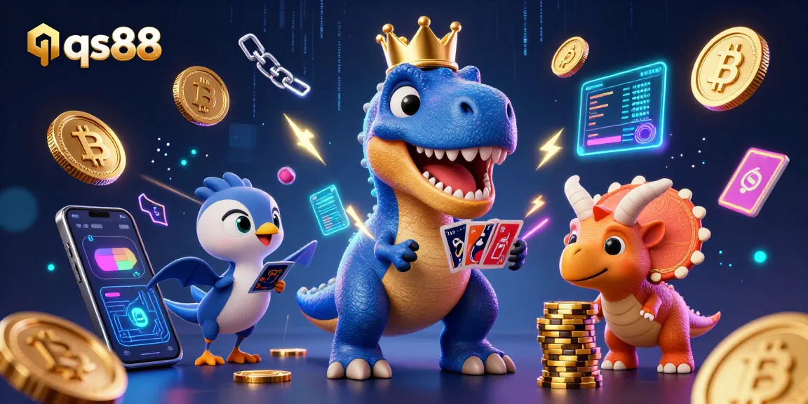 Engage in exciting gameplay at qs88 with a friendly T-Rex shuffling cards, pterodactyl assistant, and golden chips.