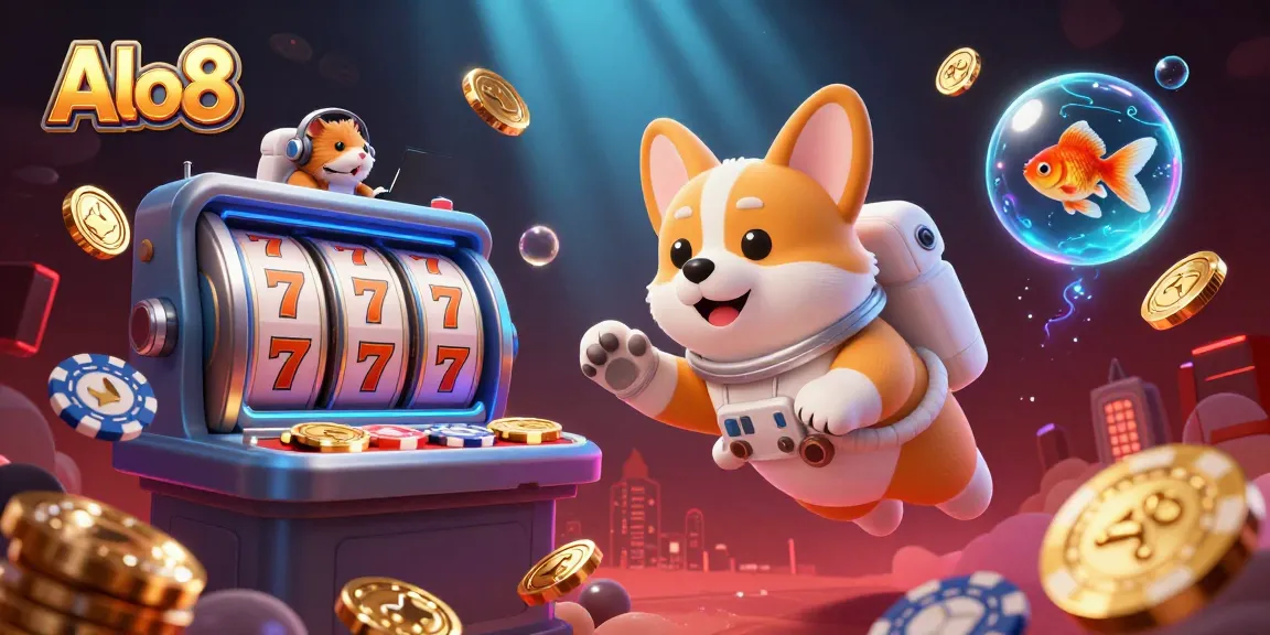 Alo8 offers thrilling online casino gaming experiences with a vibrant and dynamic illustration of a 3D astronaut corgi in a cosmic casino.