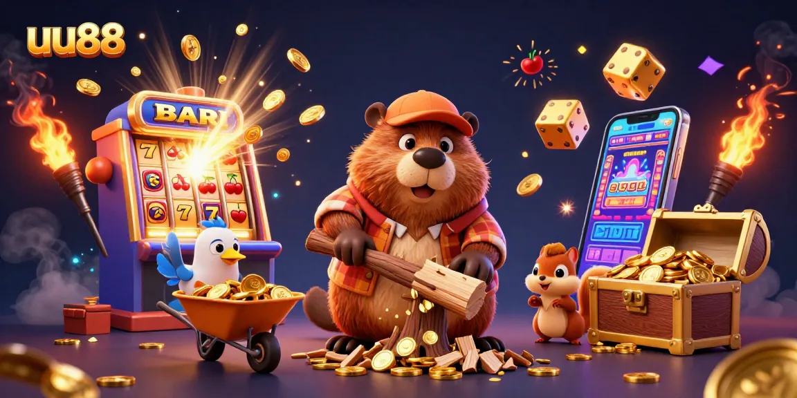 Experience thrilling jackpots at uu88 with a 3D casino scene featuring a beaver, bird, and squirrel amid golden coins.
