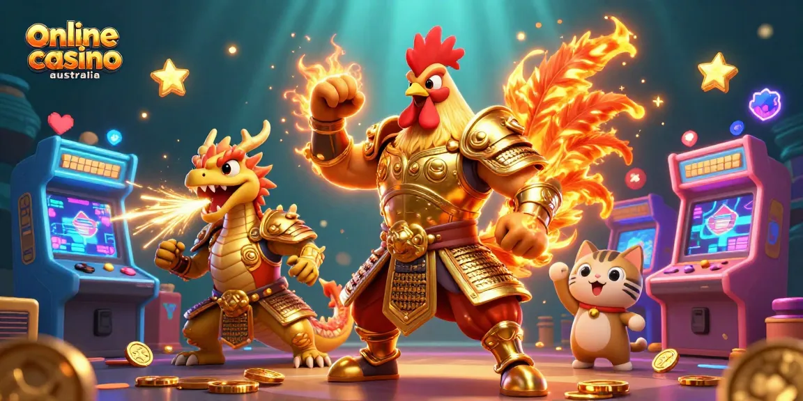 Engage with the vibrant online casino australia experience featuring a warrior rooster, dragon, and fortune cat.