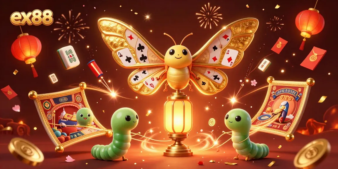 Experience the ex88 excitement with a vibrant 3D illustration of floating mahjong tiles and golden butterflies.