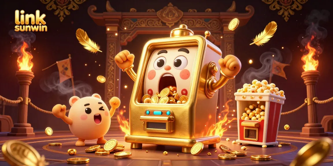 Win big with link sunwin's golden slot machine as its surprised face joyfully spills coins.