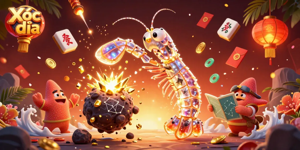 Xóc đĩa action scene featuring a mantis shrimp and starfish in a vibrant casino atmosphere.