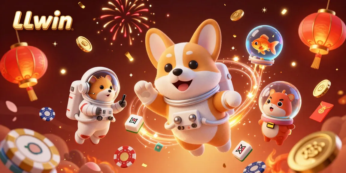 Experience thrilling gaming at LLwin with a floating 3D astronaut corgi in a vibrant casino scene.