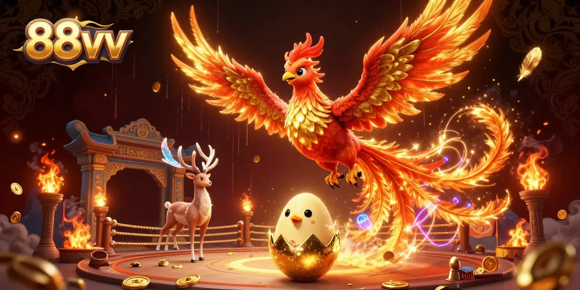 Experience the excitement of 88vv with vibrant energy, featuring a phoenix and mystical stag in a dynamic casino scene.